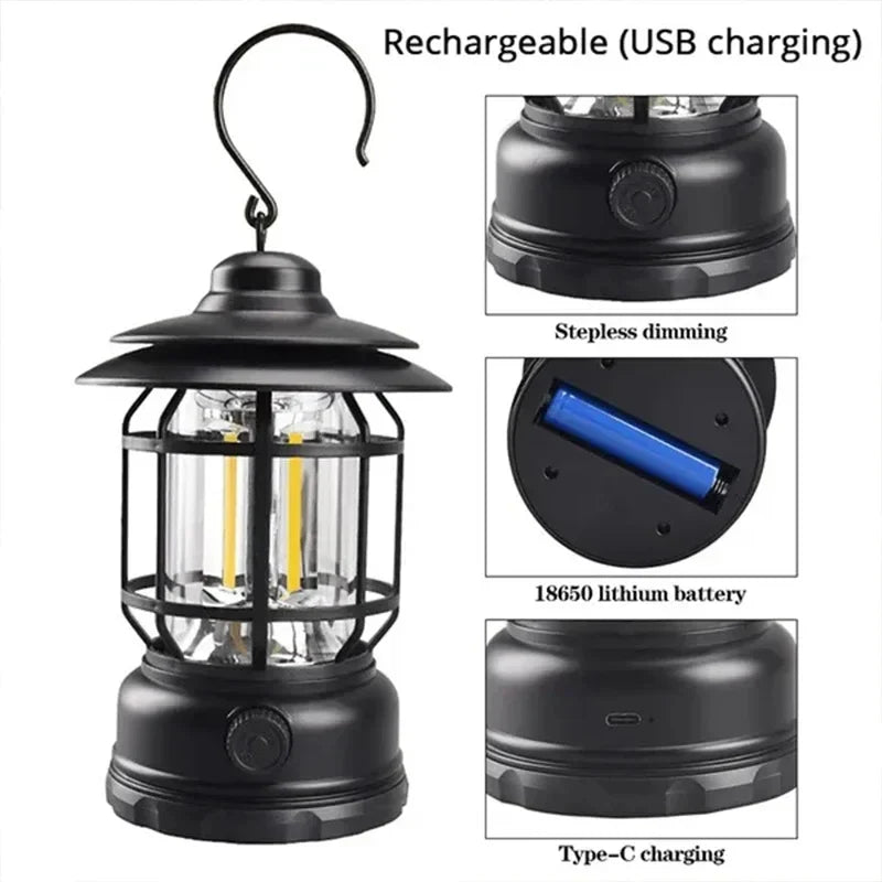 Retro Camping Lamp USB Rechargeable Lantern Camping Light